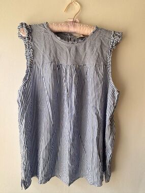 LOFT Striped Ruffle Sleeve Top Blue & White Coastal Grandmother Resortwear SZ  L